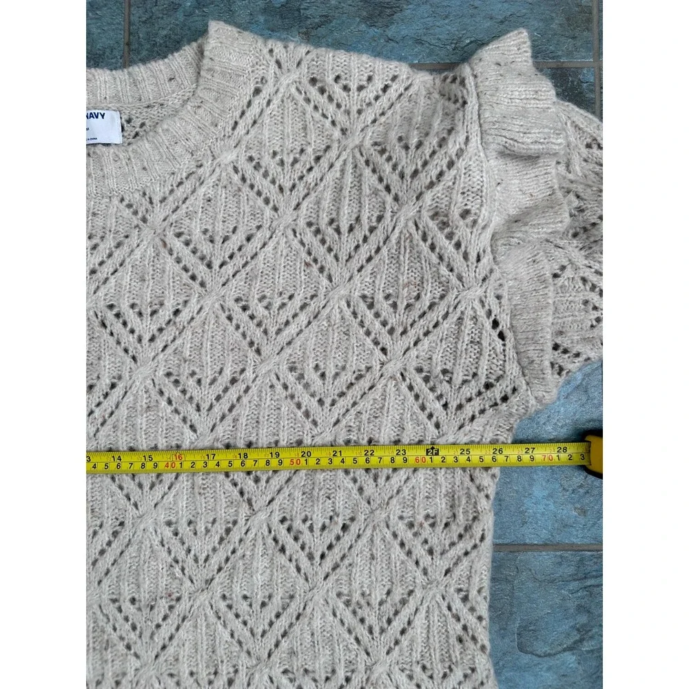 Old Navy Womens 3X Beige Pointelle Diamond Knit Ruffle Shoulder Sweater Oatmeal